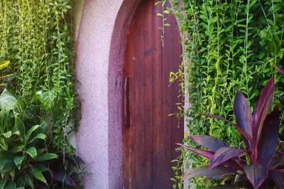 a wooden door on a wall with plants at Cozy Executive 2 BR Pool Villa in Seminyak