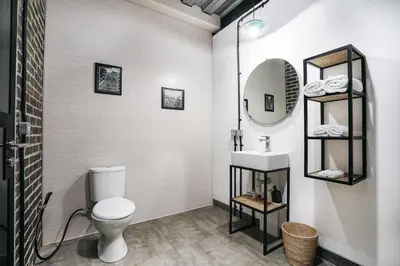 a bathroom with a toilet and a sink and a mirror at Villa Costa Plana - 2 bedroom industrial private villa in Umalas, between Canggu & Seminyak in Seminyak