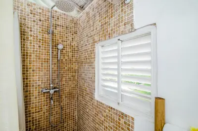 a bathroom with a shower and a window in it at Villa Laksmana 1 in Canggu