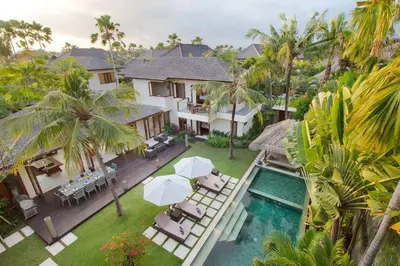 an aerial view of a villa with a swimming pool at Super Spacious, 6 Bed, Chef, Daily B'Fast, 12 pax in Seminyak