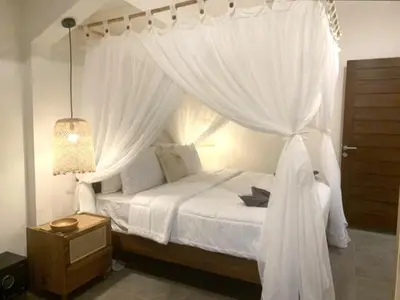 a bedroom with a canopy bed with white curtains at Villa VALARI - Seminyak Legian - 5 Bedrooms in Seminyak