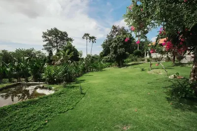 a field of grass with trees and a pond at Arpana Luxury Private Pool Villas in Jimbaran