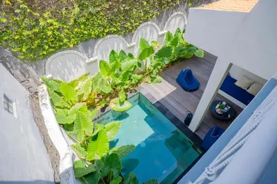 an overhead view of a swimming pool with plants at Deja Blu Villa in Seminyak