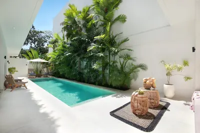 a swimming pool in a house with plants at Villa Sugi Umalas in Canggu