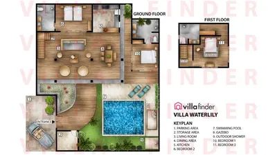 a floor plan of a villa with a swimming pool at Villa Waterlily by Villa Finder in Seminyak