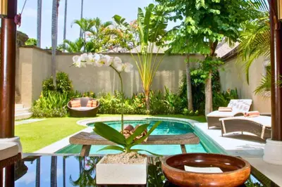 a patio with a pool with a plant and a table at Nisara 2 BR Garden Pool Villas JU67 in Seminyak