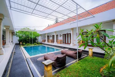 a courtyard with a swimming pool in a house at MIMU C-O Living in Kerobokan