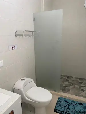 a bathroom with a white toilet and a shower at Manis Guest House in Seminyak