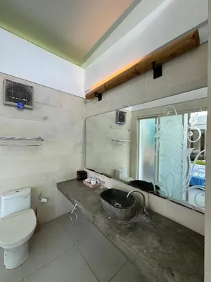 a bathroom with a sink and a toilet and a mirror at 2 BR Bougenville Villa in Nusa Dua