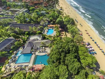 an aerial view of the resort and the beach at Jayakarta Bali Apartment 6417 in Seminyak