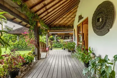 a porch of a house with lots of plants at Villa Tago - 5 BR Villa in Umalas in Kerobokan
