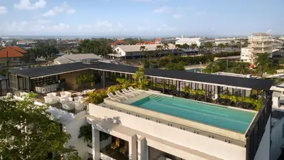 an aerial view of a building with a swimming pool at Alex Villas Complex N5 in Canggu