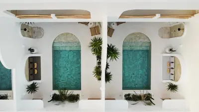 a room with turquoise water and palm trees at Villa Casa Gaia 5 by BaliSuperHost in Kerobokan
