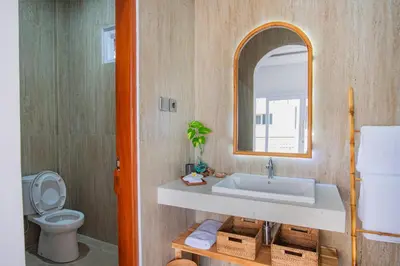 a bathroom with a sink and a toilet and a mirror at Tirta Mumbul Villa in Badung