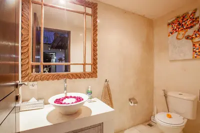 a bathroom with a sink and a toilet and a mirror at Villa Chantal-Intimate Villa in Seminyak in Seminyak