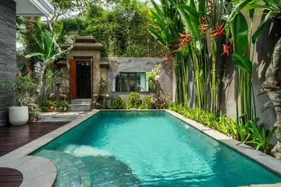 a swimming pool in the backyard of a house with plants at Villa Liamax by JB villas in Seminyak