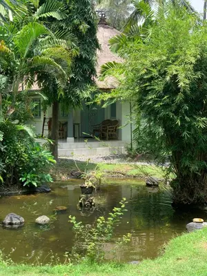 a garden with a pond in front of a house at Poppies Cottages on Two in Legian