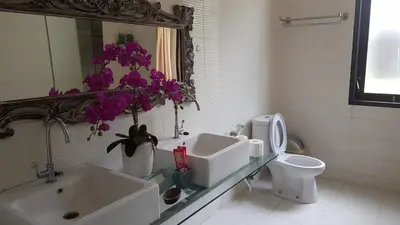 a bathroom with a sink and a toilet and a mirror at Kubu Nesa in Jimbaran
