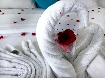 a white blanket and a cup with a rose in it at Paras Paros Marina Lodge in Sanur