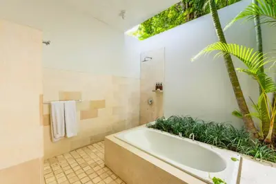 a bathroom with a tub and a palm tree at Omkara 2 BR Deluxe Private Pool Villa ZN253 in Seminyak