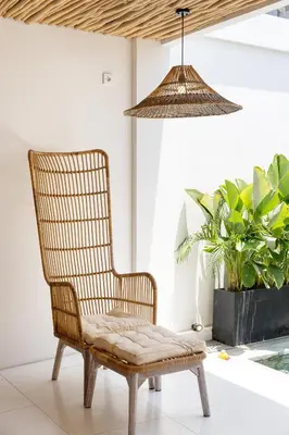 a rattan chair in a room with a potted plant at Spacious 1Br Villas in Seminyak in Seminyak