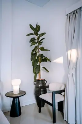 a room with a potted plant and a table and chair at Villa Kamboja 1 Seminyak in Seminyak