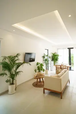 a living room with a couch and potted plants at Berawa 2BR Private Pool Leon Villa by Bali Bliss Properties in Canggu