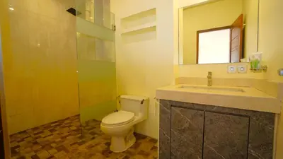 a bathroom with a toilet and a sink and a mirror at BAGUS Guest House in Legian