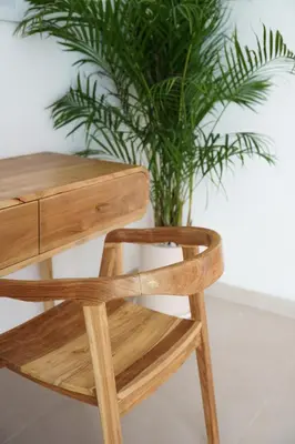 a wooden chair next to a table with a plant at Mau Villa by Bali Bliss Properties in Canggu