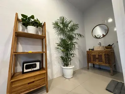 a room with a plant and a shelf with a clock at 2 bedrooms villa cinta umalas in Kerobokan