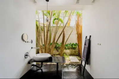 a bathroom with a sink and a plant at Villa bella vista in Seminyak