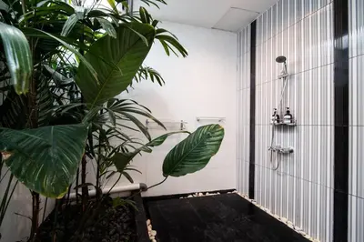 a bathroom with a shower and a plant in it at Bens Seminyak Villa Two-Bedroom with Private SwimmingPool in Seminyak