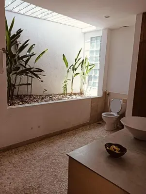 a bathroom with a toilet and a window with plants at Villa Louis Tanjung Benoa in Nusa Dua