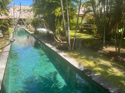 a swimming pool with turquoise water and palm trees at Large Private Villa, central Seminyak, Bali in Seminyak