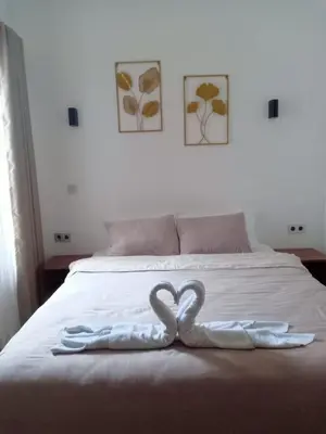 two swans forming a heart on a bed at Villa Boginville in Kerobokan