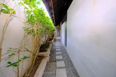a hallway with potted plants on the side of a building at Villa Jepun Seminyak in Canggu
