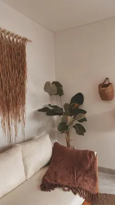 a living room with a couch and a plant at Villa Hope Bali in Kerobokan