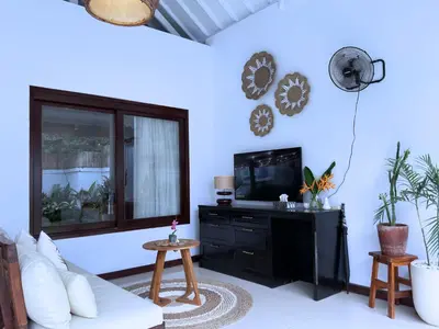a living room with a couch and a tv at A strategic 2 bedroom villa in seminyak in Seminyak