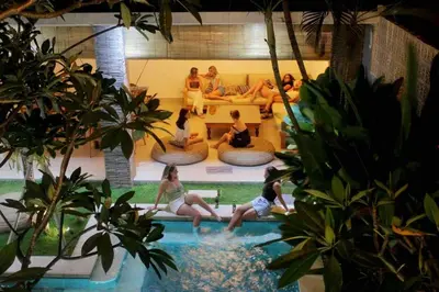 a group of women sitting in a swimming pool at NEW 4 BDR Villa Rooftop & pool Seminyak Petitenget in Seminyak