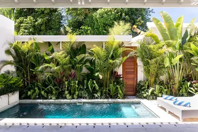 a swimming pool in front of a house with plants at Beautiful 1 bedroom villa in perfect location in Seminyak