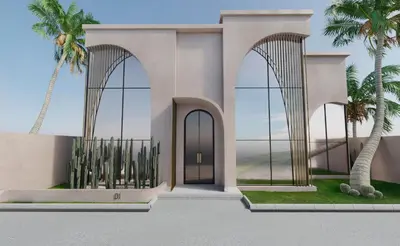 a rendering of a villa with palm trees and a door at Brand New Luxury5 Stars Designer By Villa-Amare Villa 1 in Kerobokan