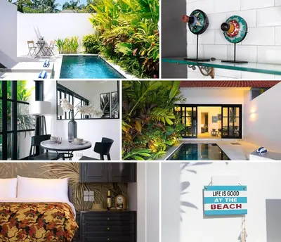 a collage of photos with a hotel room and a pool at Abby May - Top location near Potato Head, walk everywhere! in Seminyak