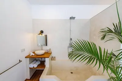 a bathroom with a shower and a sink and a plant at Villa Java by DreamAwayBali in Seminyak