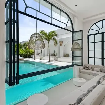 Chic All-White Villa with Pool and Fire Pit
