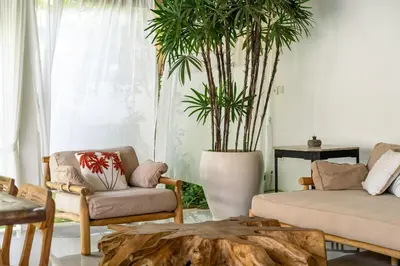 a living room with a couch and a table and plants at 3BR Green Oasis downtown Berawa Canggu in Canggu