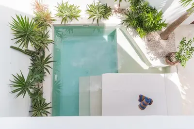 a swimming pool with plants on a white wall at Casa Nalani in Bali in Kerobokan