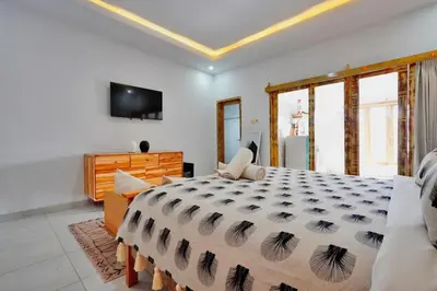 a bedroom with a large bed and a television at Kamar Kodel2 Apt in Seminyak