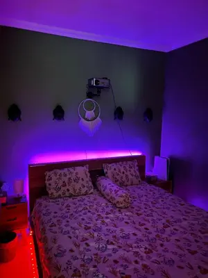a bedroom with a bed with purple lights on it at Hustlers paradise in Bali in Kerobokan