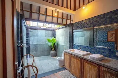 a bathroom with a shower and a sink and a toilet at The Sundara Room in Kerobokan