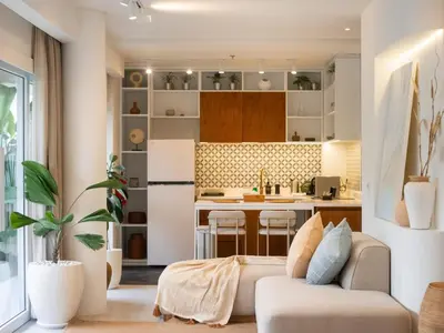 a living room with a couch and a kitchen at Berawa Luxury Retreat - The Cruise Canggu in Canggu